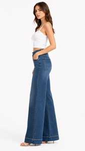 Jean en denim délavé foncé taille haute, coupe ample, jambe large, longueur intégrale, style décontracté, en tissu de coton respirant - Product Image 2