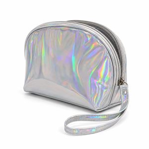 Custom Logo Iridescent PU Cosmetic Bag <b>Compact</b> <b>Makeup</b> Organizer with Wrist Strap Double Zip OEM ODM Wholesale Factory - Product Image 1