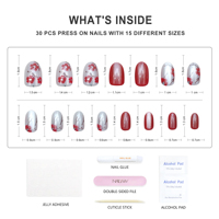 Ongles artificiels en gel souple Nailway, 30 pièces, 15 tailles, motif de fleurs rouges, effet œil de chat, forme amande, ongles à presser
