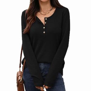 เสื้อยืดแขนยาวผู้หญิงสไตล์ลำลองสำหรับฤดูใบไม้ร่วง เนื้อผ้านุ่ม กระชับหุ่น สีพื้น คอกลม ติดกระดุม - Product Image 2