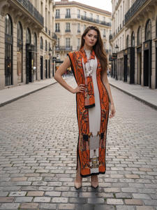 Robe musulmane sans manches à taille haute, jupe droite grande taille, robe d'automne pour femme avec un design plissé imprimé, robe ajustée - Product Image 2