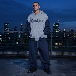 Sudadera con capucha y cremallera extragrande personalizada para hombre, gris, azul marino, con estampado de letras, manga raglán, estilo urbano, para otoño, de forro polar - Product Image 1