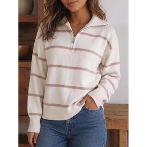 Suéter de punto a rayas con cremallera de un cuarto para mujer, oversize, de manga larga, estilo jersey, con bloques de color, cuello alto y media cremallera, moda de otoño - Product Image 3