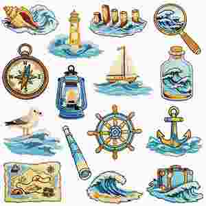 แผ่นปะติดรูปวงล้อเรือเดินสมุทร ลายคลื่นทะเล ซีรีส์การผจญภัยทางทะเล สำหรับตกแต่งเสื้อผ้าและกระเป๋า - Product Image 1