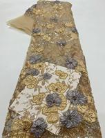 Tela de Encaje Transpirable con Lentejuelas y Flores 3D Francesas, 100% Poliéster, Textil Ecológico, Vestidos de Noche de Lujo