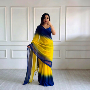 Sari de poliéster elegante con degradado azul y amarillo de AARA Fashion para mujer, ideal para Diwali, bodas, protección solar, largo hasta el suelo, corte regular, India. - Product Image 1