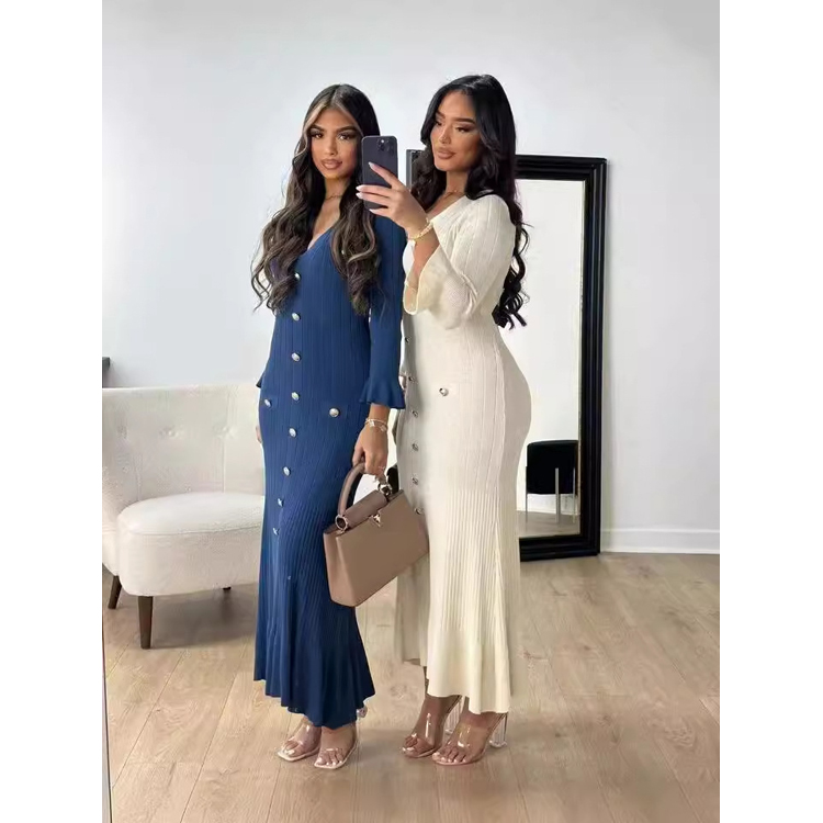 2024 Autumn and Winter Fashion Women Knit Dress Long Sleeve Loose Knitted  Dress Button Elegant Ruffles Casual Dress| Alibaba.com
