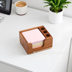 <b>Wooden</b> Memo Box With Pen Holder Square <b>Desk</b> Organizer For Notes And Pens - Product Image 2