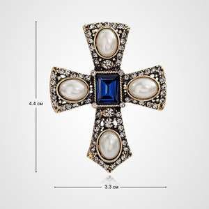 Broche unisexe en alliage plaqué or rose de style européen avec perle, strass et cristal bleu en forme de croix, idéale pour mariage, fiançailles, fête ou cadeau - Product Image 4