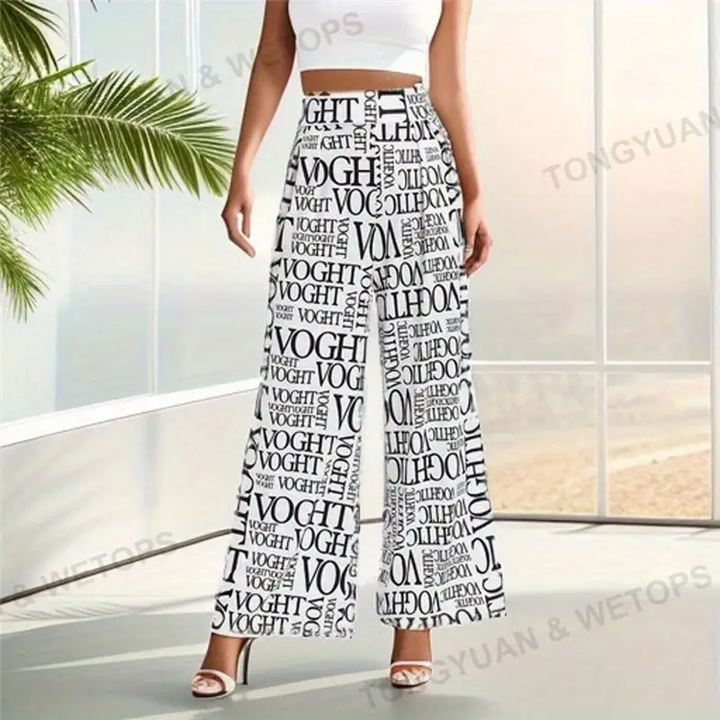 Benutzer definierte Kleidung Hersteller Großhandel Casual Letter Print Hohe Taille Breites Bein Hosen & Hosen Frauen Sehe Mode