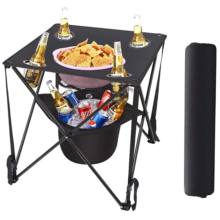 Mobiliário redondo portátil logotipo leve, pequeno dobrável, mesa de acampamento, piquenique com bolsa de refrigerador, suporte para vinho