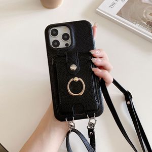 Funda de teléfono de cuero PU con estampado de Lychee con cordón de bolsillo de tarjeta de lujo para iPhone 16 15 14 Pro Max funda tipo billetera con soporte para anillo - Product Image 4