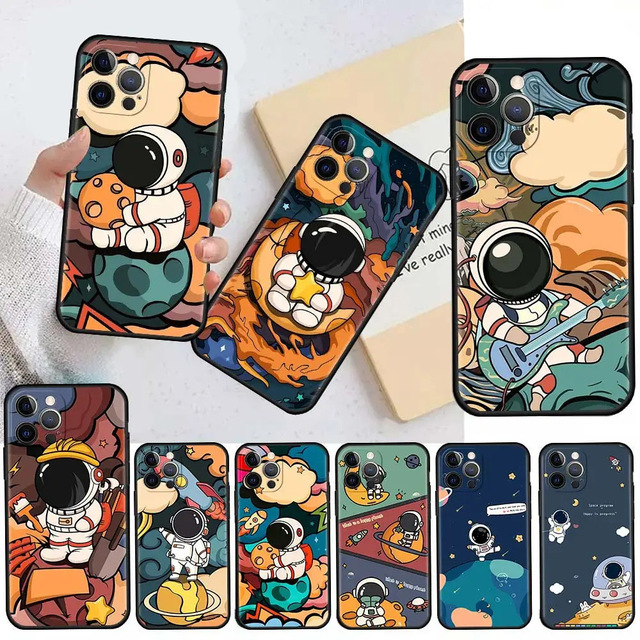 Cute Astronauts Moon Cartoon Soft TPU Phone Case Back Cover for iPhone 11 12 13 14 15 16 17 Pro Max Plus