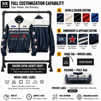 Blouson Souvenir Personnalisé Bleu Marine Crème en Satin 420 g/m² avec Étoiles Brodé, Col et Ourlet en Tricot Côtelé, Style Bomber Streetwear OEM ODM