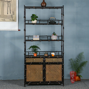 Ming Style Bamboo Display Shelf With Rattan Doors For Tea Room Or Living Room Decor - Product Image 1