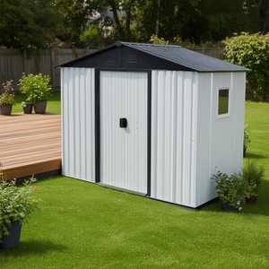 Casetta porta attrezzi in metallo As Pic 8x4 piedi bianca e nera con finestra e base in metallo per giardino, patio e prato - Product Image 2