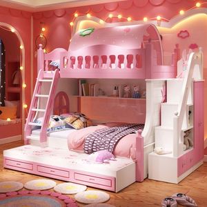 Letto Castello <span class=keywords><strong>da</strong></span> Principessa Multifunzionale in Legno Massello per Bambini con Scivolo e Armadio - Product Image 1