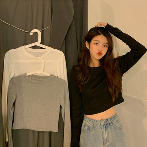 Camiseta básica blanca coreana de manga larga para mujer, estilo crop top, que deja al descubierto el ombligo, adelgazante y a la moda, para otoño. - Product Image 1