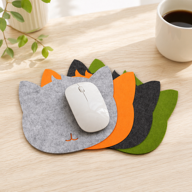 Cute Cartoon Cat Head Shaped Felt Mouse Pad Colorful Mini Animal Mouse Mat for Student Office Travel Laptop Use