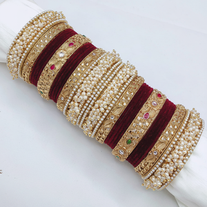 Traditional Bridal Velvet <b>Bangle</b> <b>Set</b> Kundan & Pearl Design Elegant Pearl Bracelets for Weddings - Product Image 2