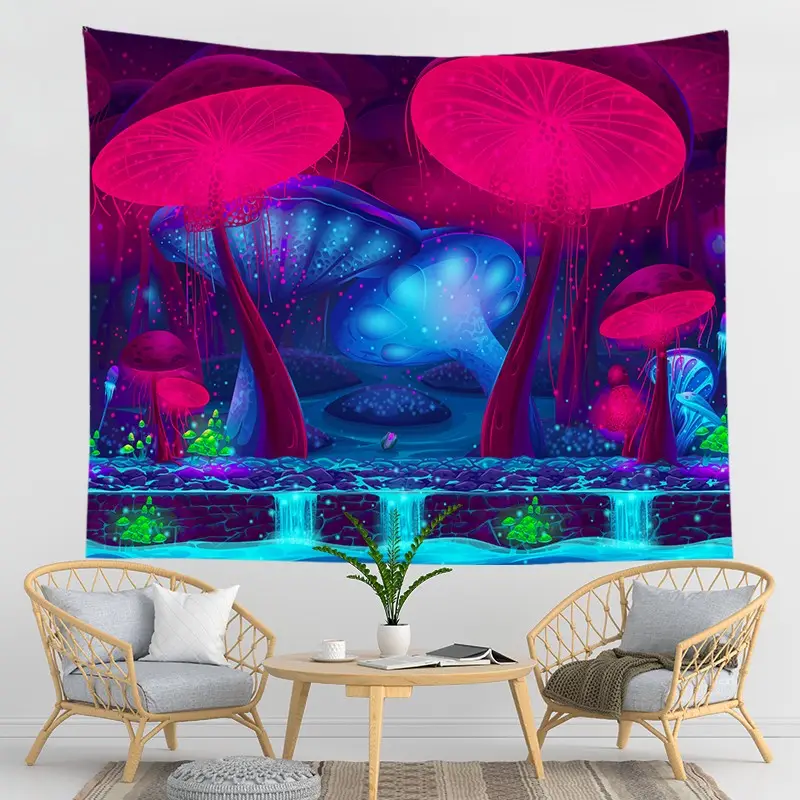 New Listing 3D Custom Polyester Printing Glow In The Dark Forest Psychedelic Mushroom Wall Tapestry For Home Decor
