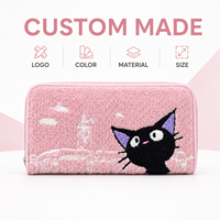 Dompet Wanita Motif Kucing Bordir Chenille, Resleting, Bahan Lembut, Lucu, Warna Pink, Dompet Kartu dan Uang Koin