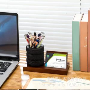 Wooden office card <b>holder</b> base, creative tire-shaped <b>pen</b> <b>holder</b>. - Product Image 1