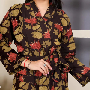 Hermoso Kimono de Algodón Estampado a Mano con Bloques Jahota, con Cinturón, Bolsillos Delanteros, Manga Larga, Estilo Maxi, Bata de Baño Estándar - Product Image 1