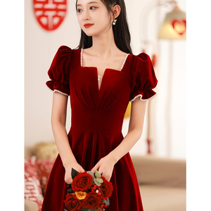 Women's Burgundy Velvet Engagement Dress Square Collar A-Line Mid Length Vintage <b>Wedding</b> Toast Dress - Product Image 3