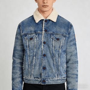 Veste en jean pour homme OEM, bleu moyen délavé, boutons sur le devant, poches à rabat, <span class=keywords><strong>manteau</strong></span> d'hiver <span class=keywords><strong>chaud</strong></span> - Product Image 2