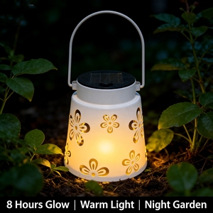 Nouvelle Arrivée Lanterne Solaire Extérieure Étanche IP44 Moderne en Fer Forgé Motif Cœur Creux Fleur Blanc & Or pour Patio Jardin - Product Image 1