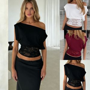 Women Off Shoulder Lace Patchwork Crop <b>Top</b> Sexy Slim Fit Short Sleeve Streetwear Blouse - Product Image 6