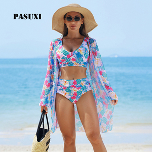 Ensemble <span class=keywords><strong>de</strong></span> bikini 3 pièces à <span class=keywords><strong>taille</strong></span> haute PASUXI OEM avec imprimé floral, kimono à manches longues, froncé, push-up, maille sur le devant, logo, <span class=keywords><strong>maillot</strong></span> <span class=keywords><strong>de</strong></span> <span class=keywords><strong>bain</strong></span> pour femmes - Product Image 1