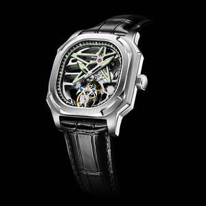 Montre de luxe squelette carrée à tourbillon pour homme, cadran étoilé ajouré, bracelet en cuir noir, montre-bracelet mécanique rétro - Product Image 2