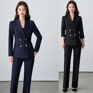 Women's Navy Blue Business Suit Set Double Breasted Wool Blend Anti-Wrinkle Office Lady Autumn Formal Wear - Product Image 1