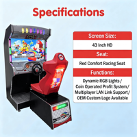 Simulateur de conduite de voiture à monnayeur DX Arcade Racing Game Machine de 43 pouces avec éclairage LED et siège de course rouge, en métal commercial