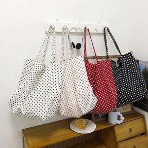 <b>Large</b> Capacity Wave Dot Canvas Tote Casual Handbag Open Closure Ruched Decoration Cute Collapsible Shopping Shoulder <b>Bag</b> - Product Image 3