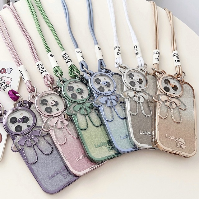 Electroplated Glitter Lucky Bear Lens Holder Mobile Phone Case Suitable for IPhone15 I14 I13 Lanyard Protective Case
