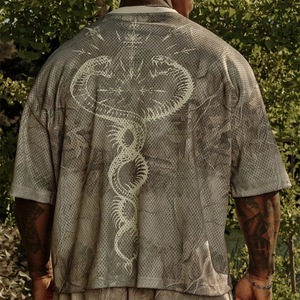 T-shirt en maille noire pour homme, col en V, imprimé graphique, manches courtes, tricoté, 100% coton, coupe classique, streetwear décontracté - Product Image 3
