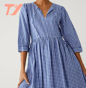 TUOYI elegante abito estivo in cotone blu stile Casual a quadri lunghi per le donne per le uscite al sole - Product Image 2
