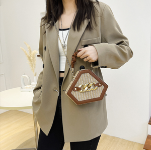 <span class=keywords><strong>Sac</strong></span> bandoulière hexagonal tissé pour femme, tendance et original, couleur unie, chaîne dorée, fermeture éclair en paille, polyester durable, portable - Product Image 6