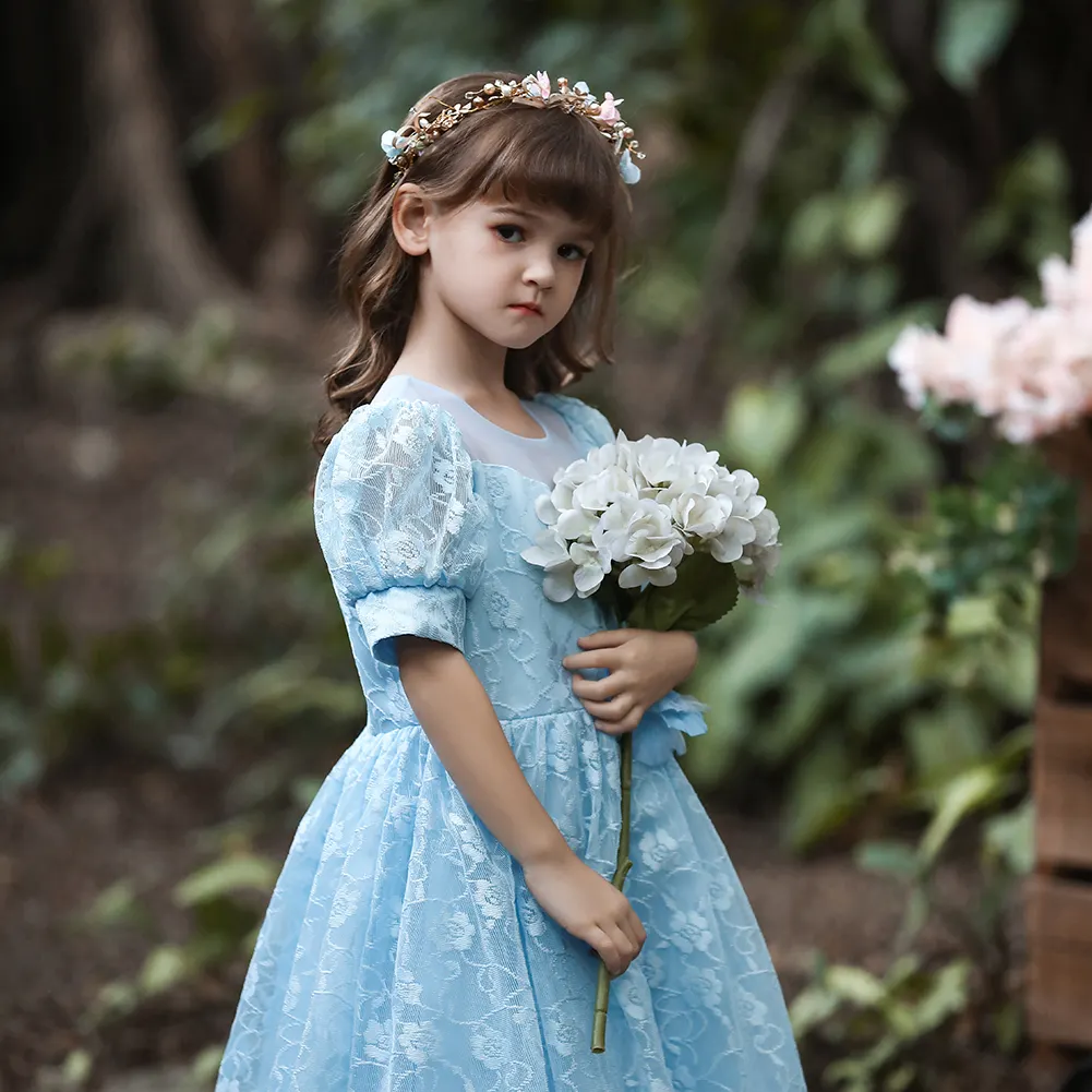 flower girls' dresses long elegant kids dress princess embroidered round neck birthday dress for girls