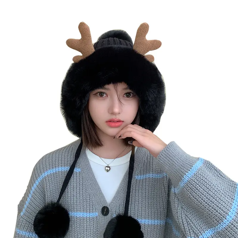 Women's Trendy Korean Style Cotton Pullover Hat Winter Knitted Woolen Plush Hat with Fur Ball Thickened Warm Ear Protection