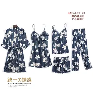 Костюм женский из 5 предметов, шелковая ночная рубашка, пикантная Пижама с цветочным принтом, весна-лето