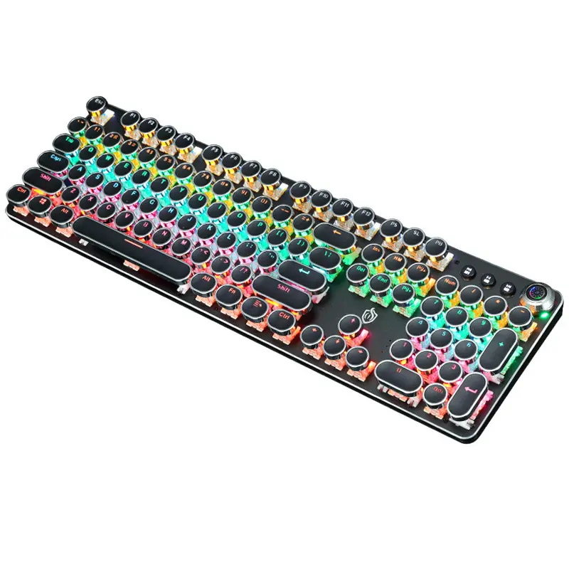 ゲームラウンドキーメカニカルキーボードパンクメッキ104キーコンピューターキーボードバックライト付きUSB有線ラップトップキーボード (マルチメディアノブ付き)