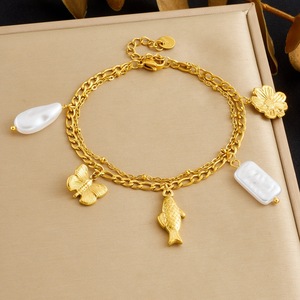 Fashionable Gold Plated Stainless Steel Double Layered Chain Bracelet With Butterfly Koi Pearl Pendant Unisex Jewelry Gift - Product Image 1