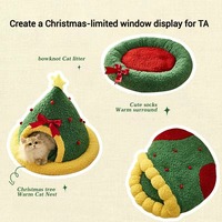 Lit pour chat en peluche douce de Noël, chaud, semi-fermé, lavable, antidérapant, pour l'hiver, pour chats d'intérieur et petits chiens