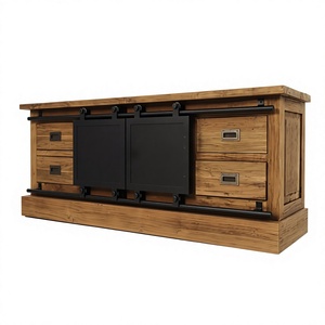 Industrial Wood Sideboard with Metal <b>Sliding</b> Barn <b>Doors</b> and 4 Drawers Buffet Storage <b>Cabinet</b> - Product Image 2