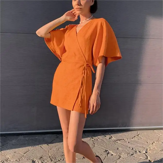 Aangepaste Hoge Kwaliteit Casual Zomer Riemen A-Line Effen Kleur Natuurlijke Taille Mini Katoenen Linnen Jurken Voor Vrouwen Korte Mouwen Linnen