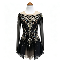 Robe de patinage artistique de luxe noire en maille, manches longues, col en V, avec strass, jupe de danse sur glace pour filles et femmes, tenue de compétition